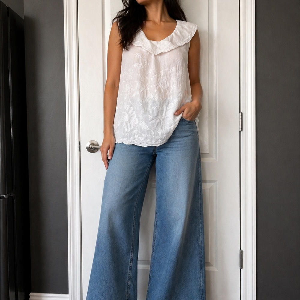 Meadow Rue White Eyelet Ruffle-Sleeve Blouse